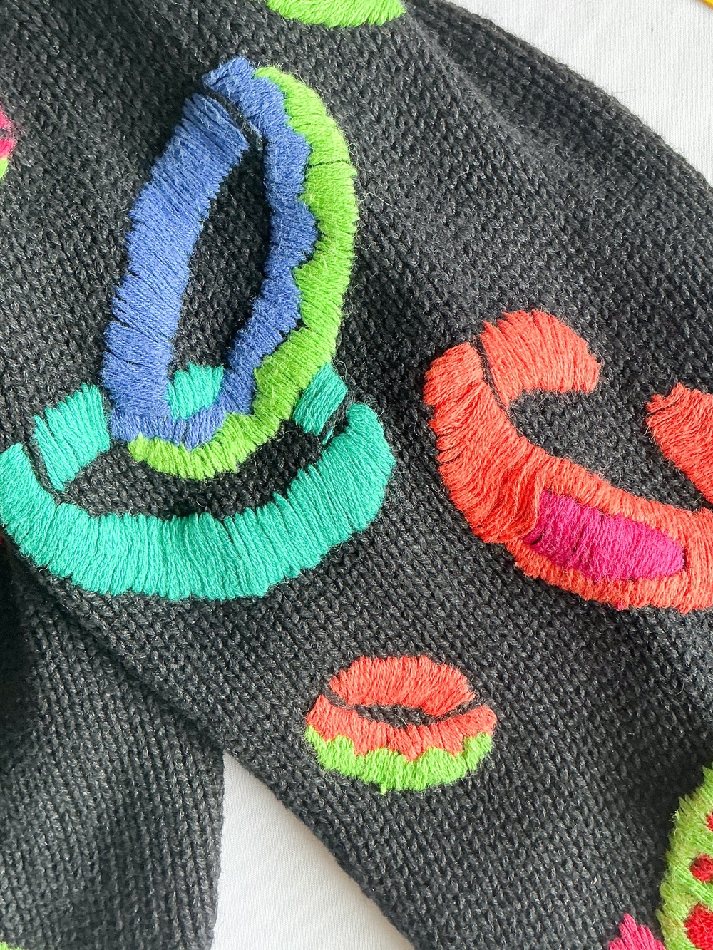 Vintage Michael Simon Embroidered Rings Black Cardigan Sweater Women One Size/Lg - Picture 6 of 12